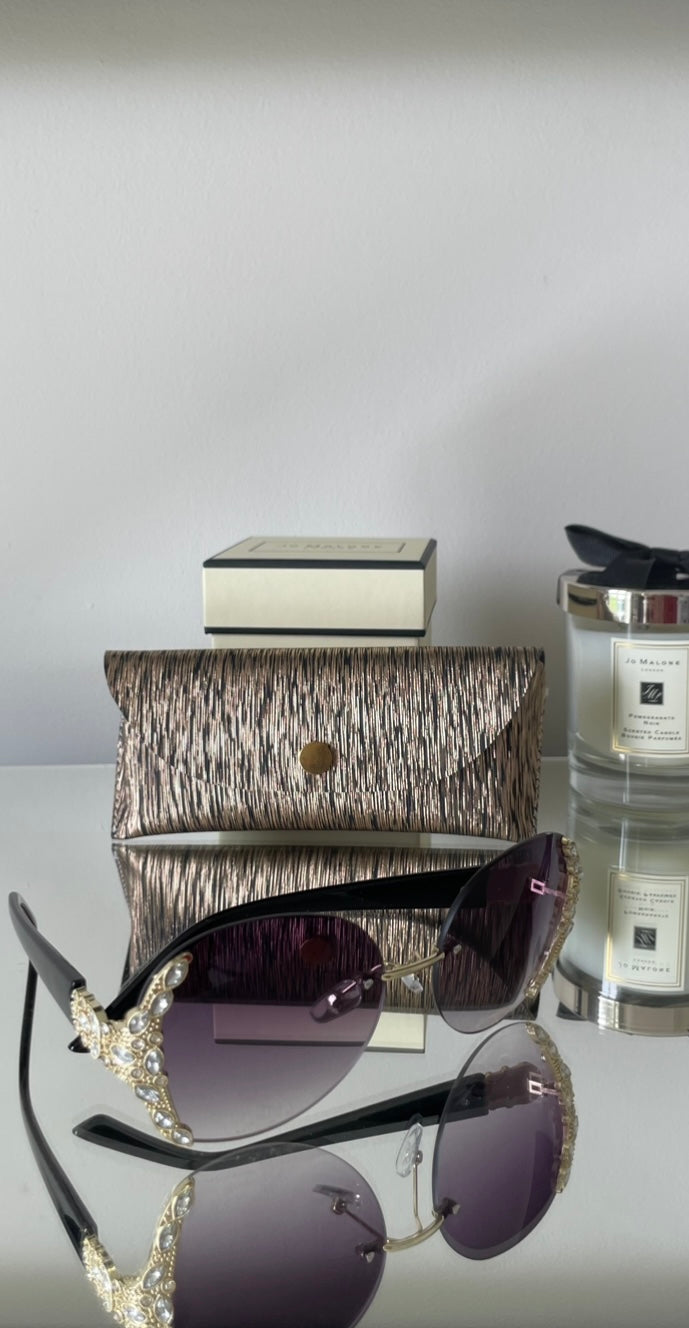 Black rimless oversized rhinestone sunglasses
