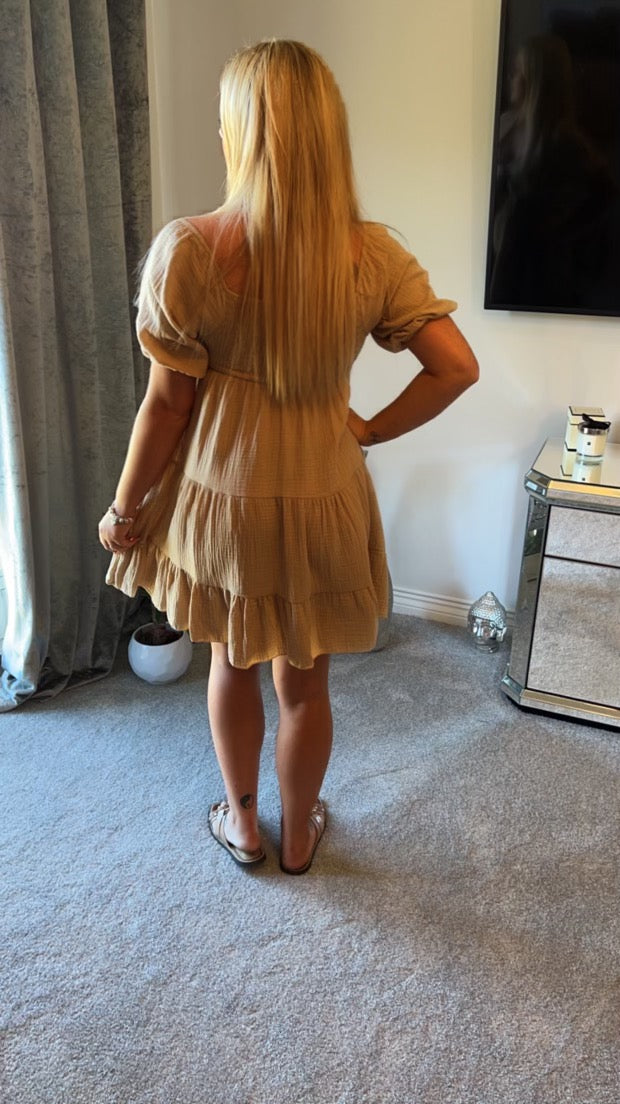 Beige tie front cheesecloth dress