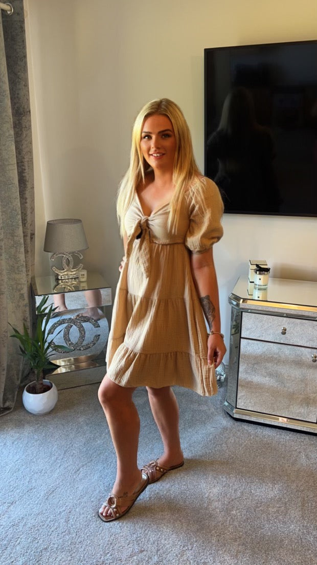 Beige tie front cheesecloth dress