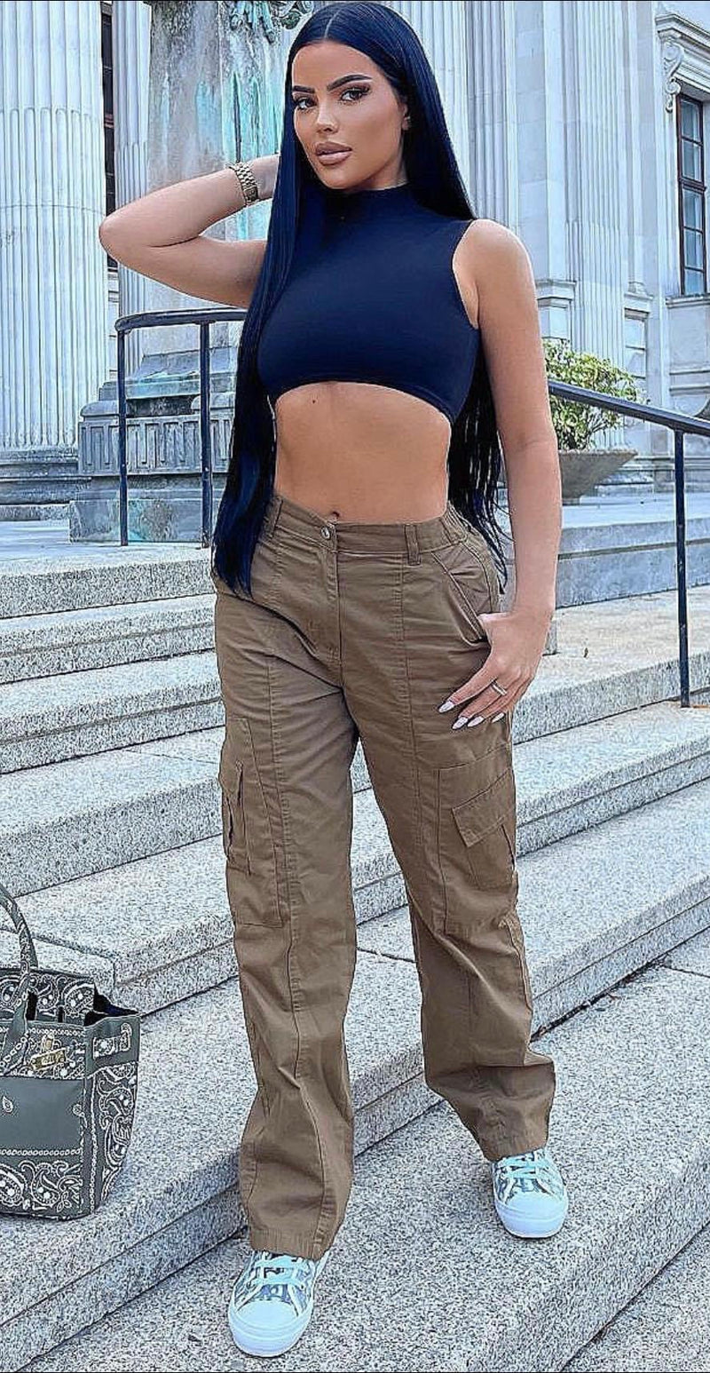 Olive Multi Pocket Wide Leg Cargo Trousers