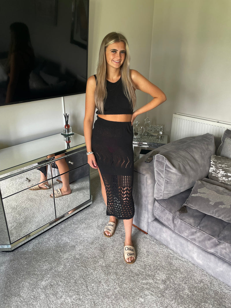 Black crochet slit detail skirt co ord
