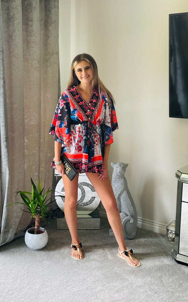 Multi colour tie waist playsuit - blue