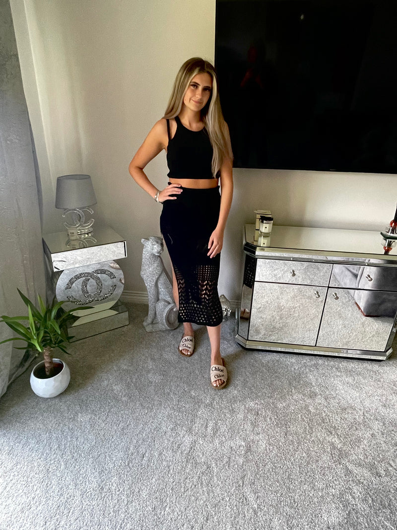 Black crochet slit detail skirt co ord