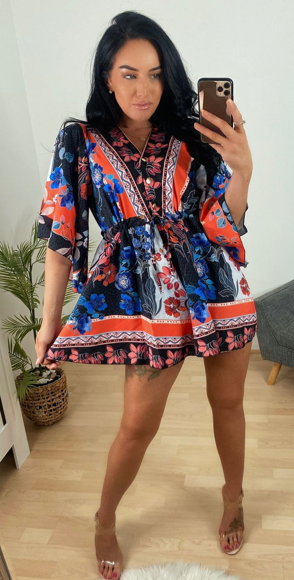 Multi colour tie waist playsuit - blue