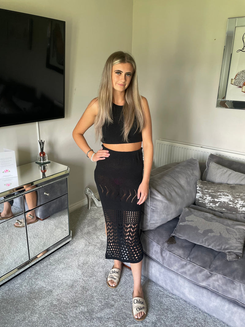 Black crochet slit detail skirt co ord