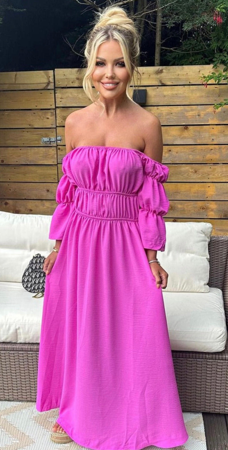 Hot pink bardot style maxi