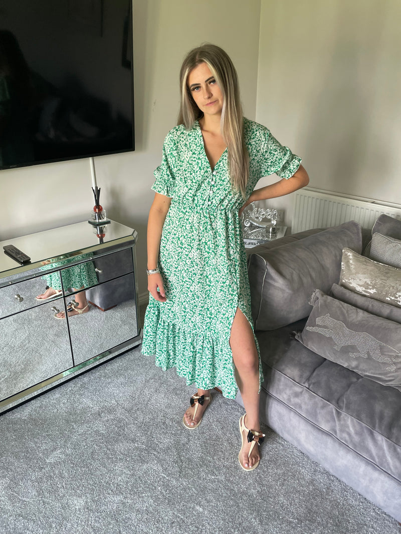 Green side slit maxi tea dress