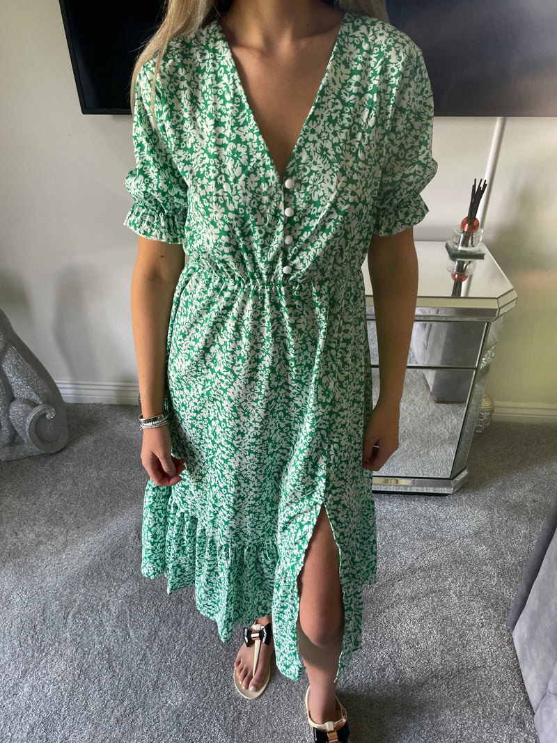 Green side slit maxi tea dress