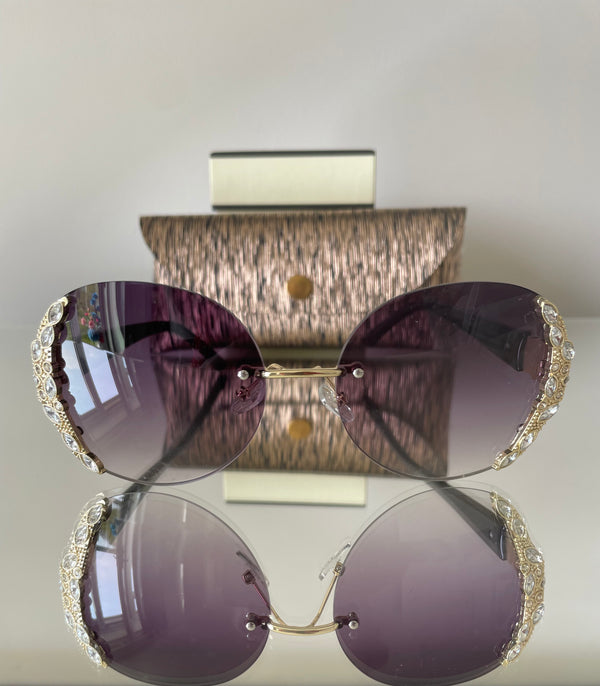 Black rimless oversized rhinestone sunglasses