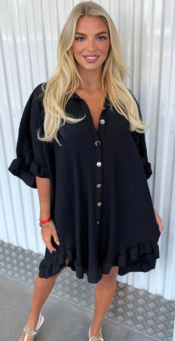 Black oversized ribbed shirt dress