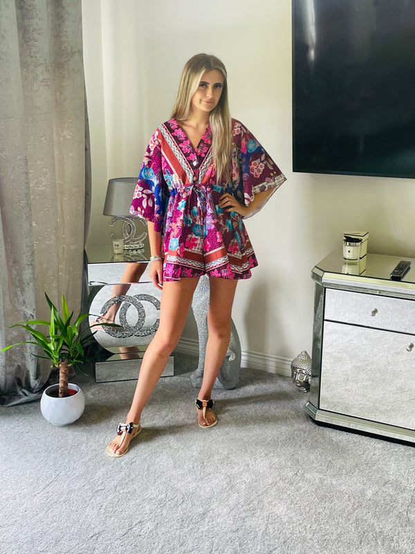 Multi colour tie waist playsuit -lilac