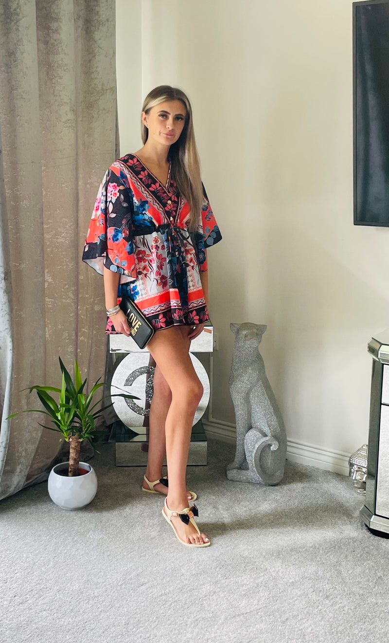 Multi colour tie waist playsuit - blue