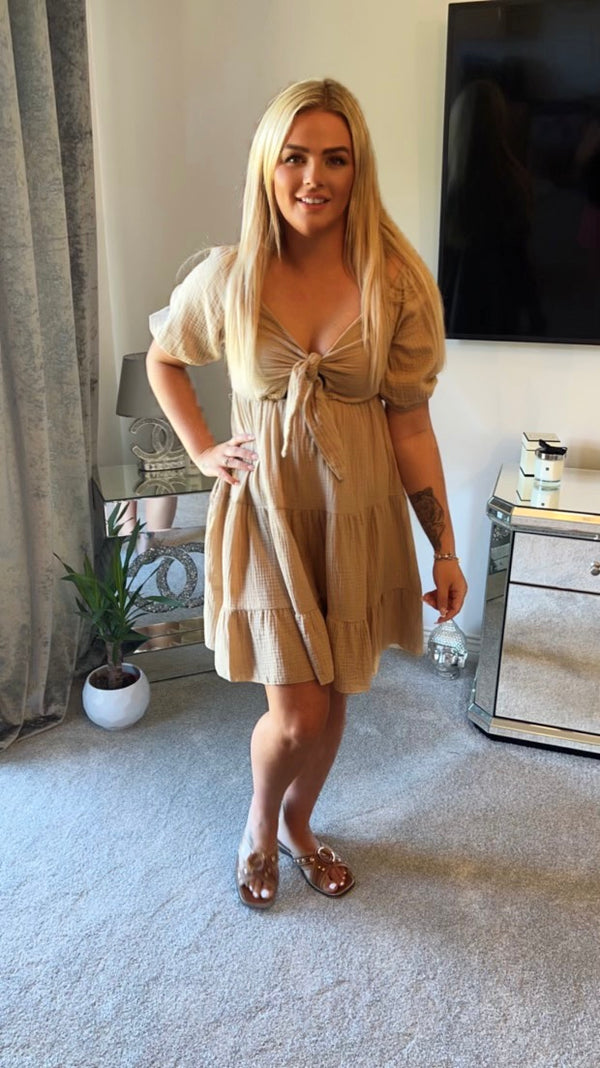 Beige tie front cheesecloth dress