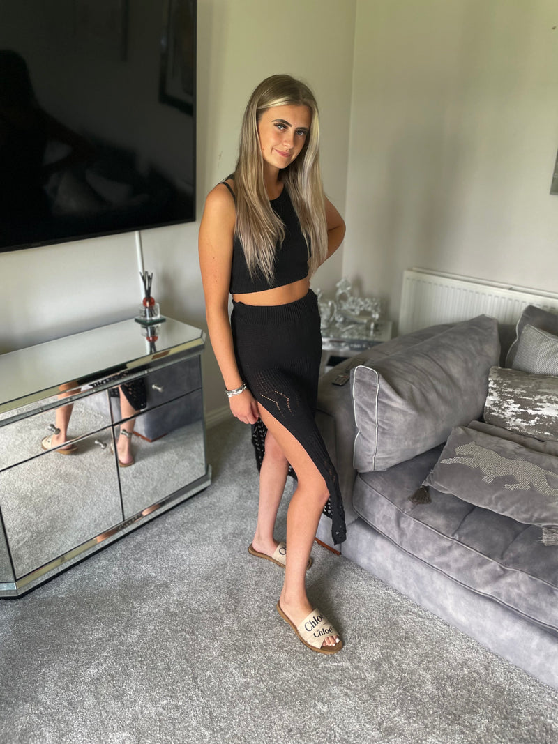 Black crochet slit detail skirt co ord