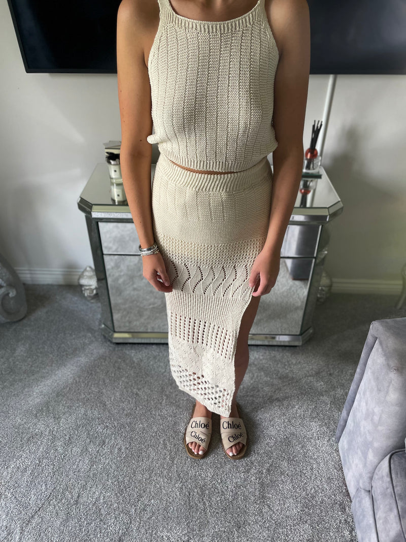 Beige crochet slit detail skirted co ord