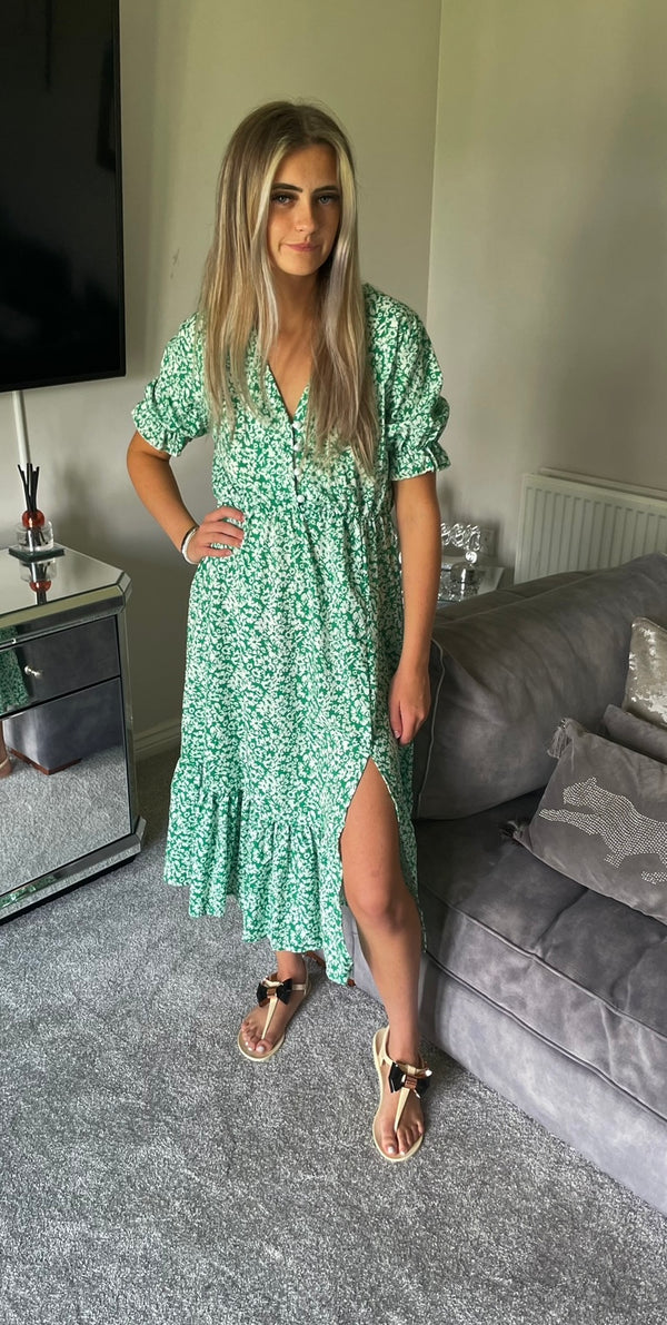 Green side slit maxi tea dress