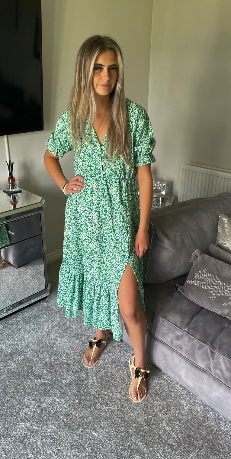 Green side slit maxi tea dress
