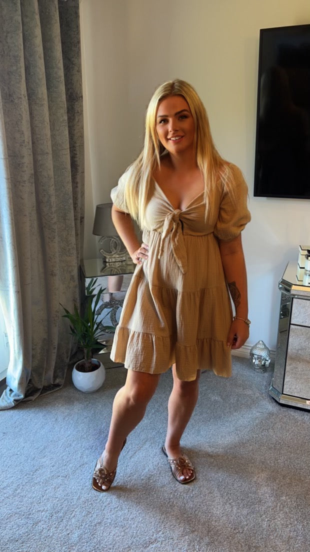 Beige tie front cheesecloth dress