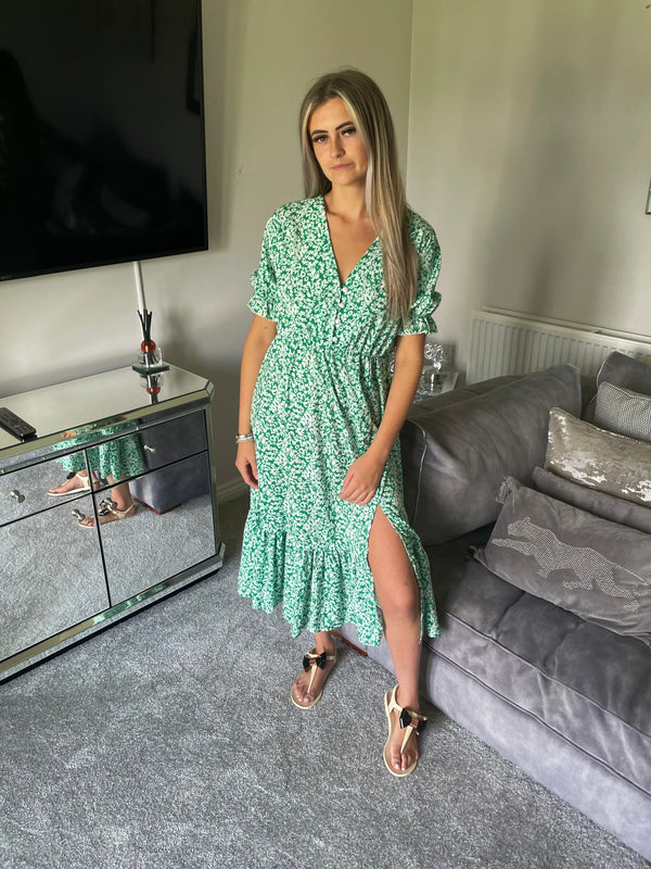 Green side slit maxi tea dress