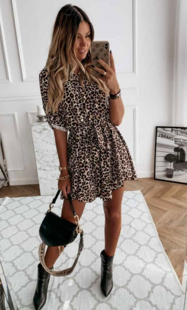 Leopard self belt long sleeve shirt dress