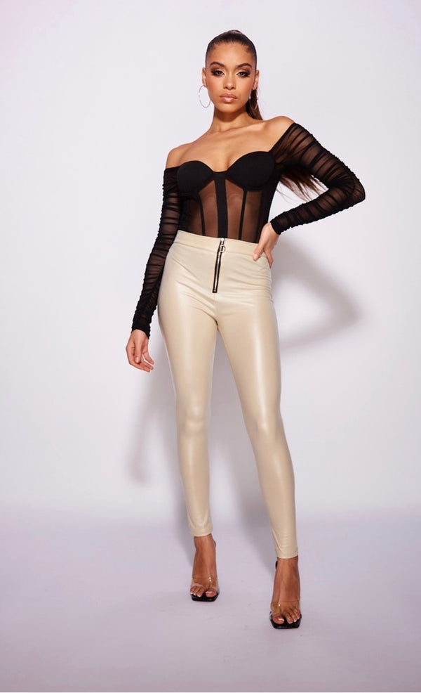 Beige zip front wet look leggings