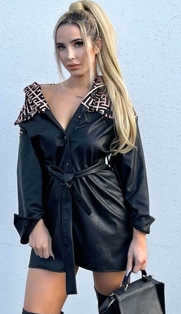 Fret print PU shirt dress