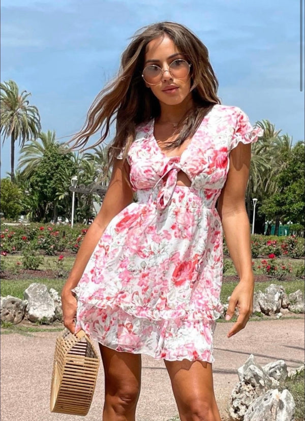 WHITE RED FLORAL TIE FRONT FRILL HEM SMOCK DRESS