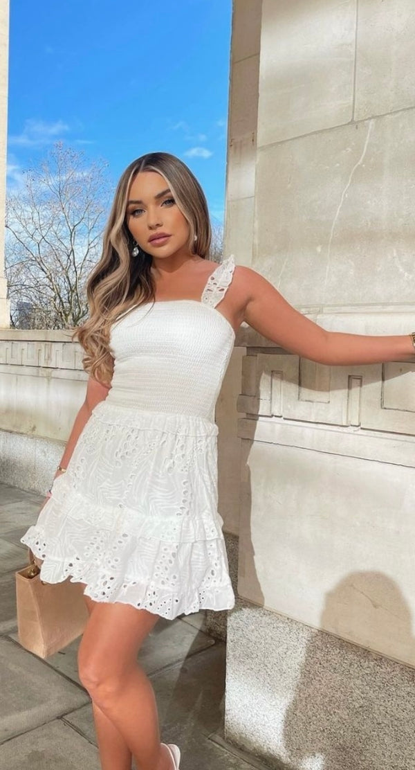 Broderie Anglaise Shirred Tiered Mini Dress