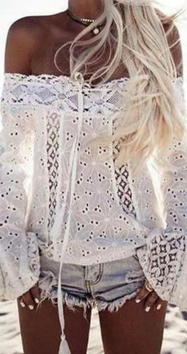 White Broderie Analgise Bardot Tie Top