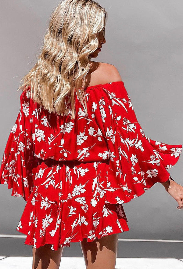 RED FLORAL FLARE SLEEVE BARDOT SKATER DRESS