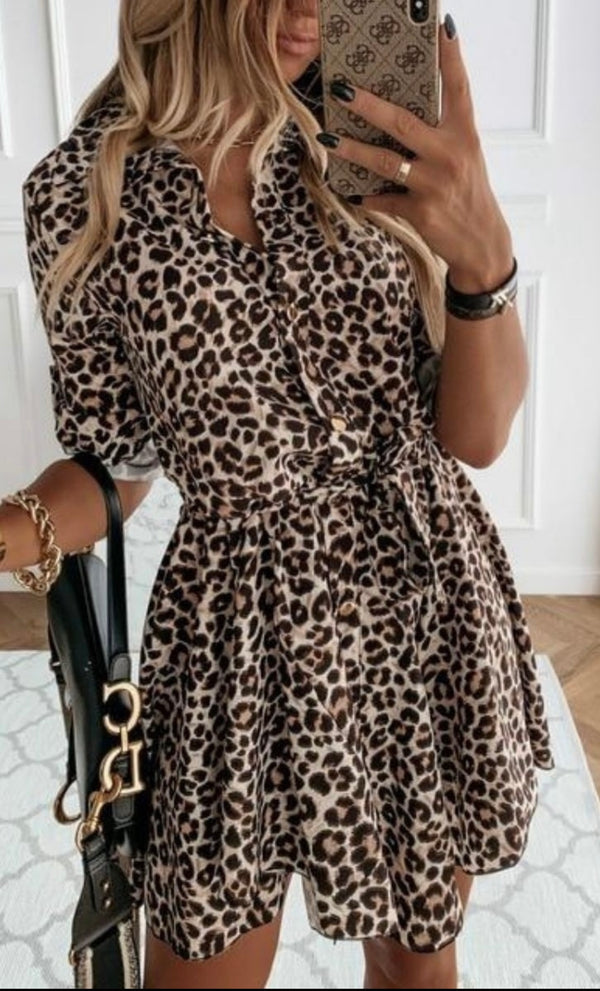 Leopard self belt long sleeve shirt dress