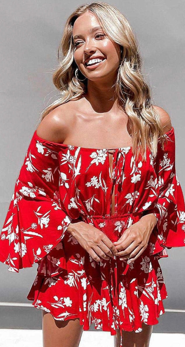 RED FLORAL FLARE SLEEVE BARDOT SKATER DRESS