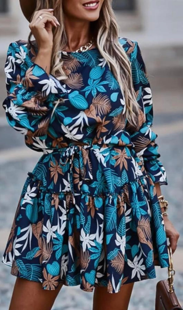 Blue floral print chiffon dress